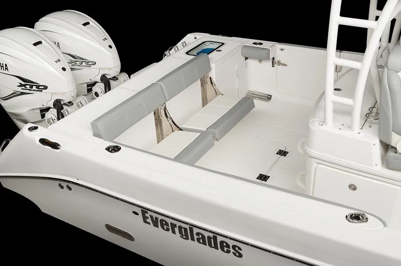 Slide: The Image of Manufacturer Provided Image: 2025 Everglades 335 Center Console boat interior with dual Yamaha engines. - 11