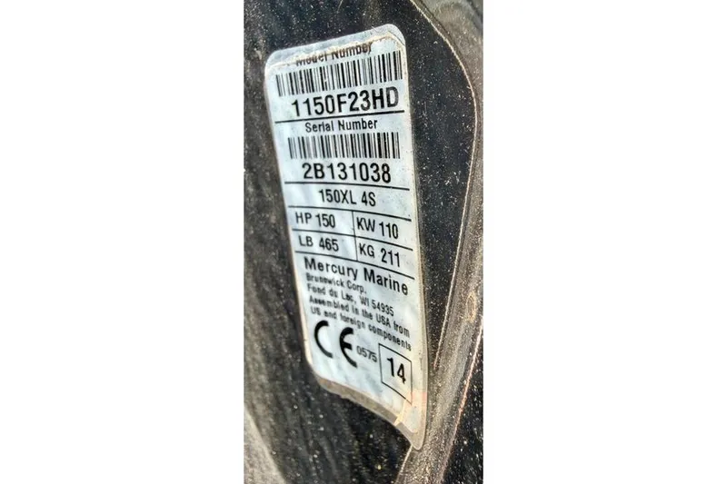 Slide: The Image of Label on Mercury Marine engine, model 150XL 4S, 150 HP, 2015 Defiance 220 Admiral EX. - 20