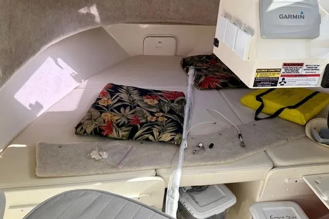 Slide: The Image of Interior of 2015 Defiance 220 Admiral EX boat with cushions and Garmin equipment. - 15