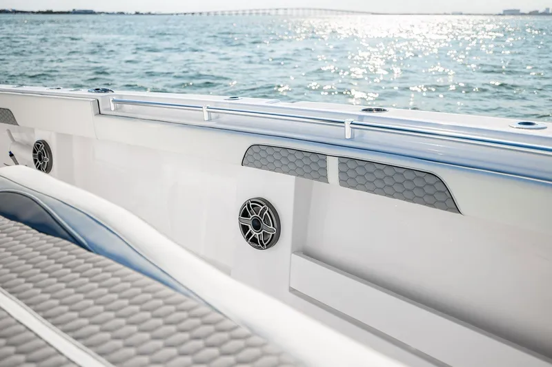 Slide: The Image of 2026 Invincible 36 Catamaran interior with sleek design and ocean view. - 22