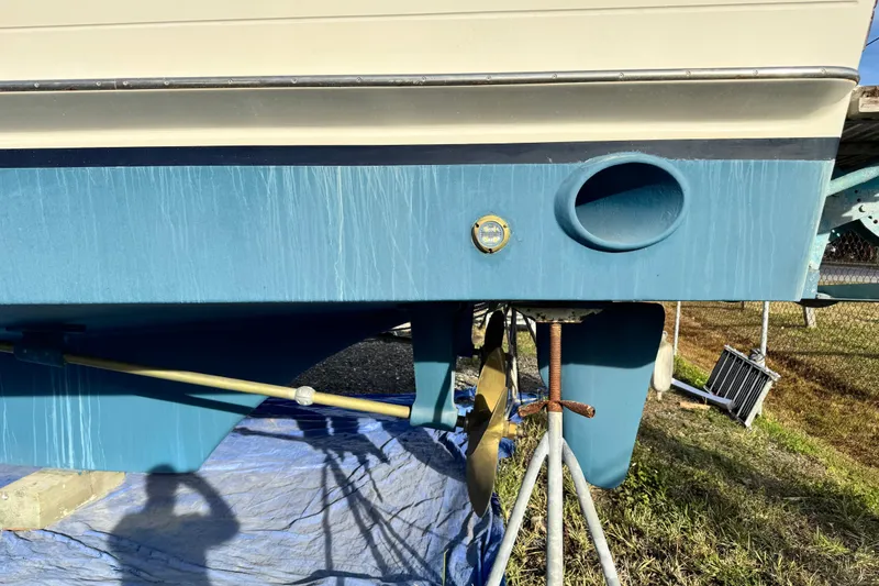 Slide: The Image of Grand Banks 52 Europa 2000 boat hull on stands, showing propeller and rudder. - 40