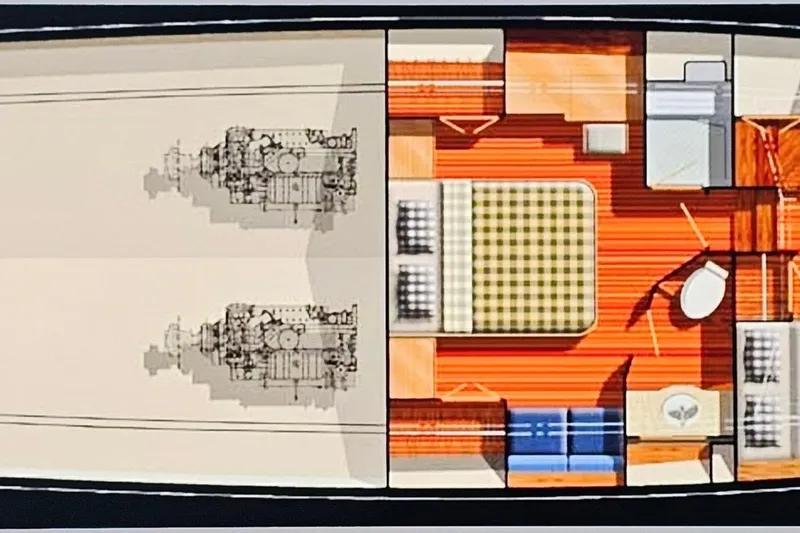 Slide: The Image of Floor plan of 2000 Grand Banks 52 Europa yacht, featuring bedroom and engine layout. - 44