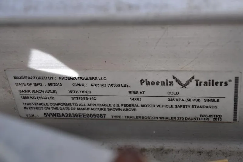 Slide: The Image of Label on Phoenix Trailers for Boston Whaler 270 Dauntless, 2016 model, showing specifications. - 39