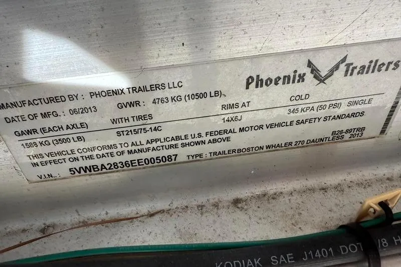 Slide: The Image of Trailer label for Boston Whaler 270 Dauntless, manufactured by Phoenix Trailers LLC in 2013. - 42