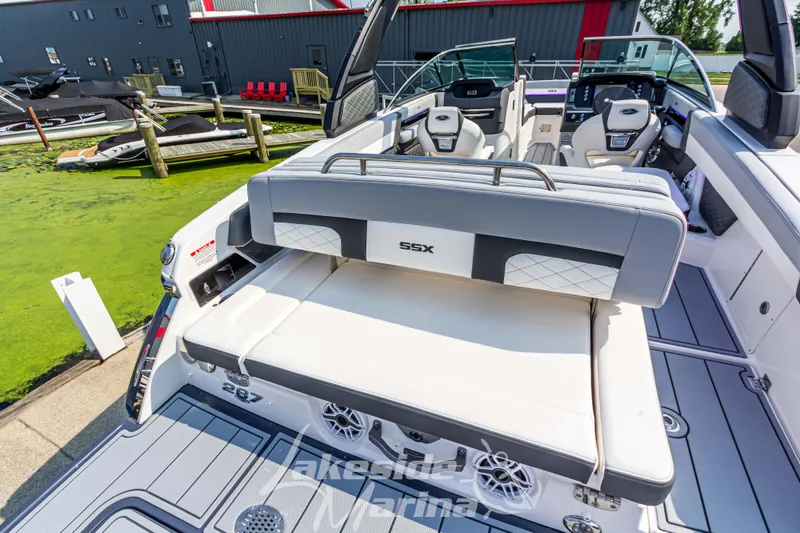 Slide: The Image of 2026 Chaparral SSX 6 boat interior with luxurious seating at Lakeside Marina. - 7