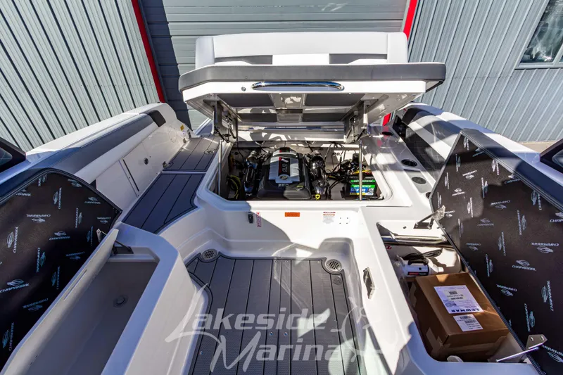Slide: The Image of 2026 Chaparral SSX 6 boat engine compartment, open hatch, detailed view. - 18
