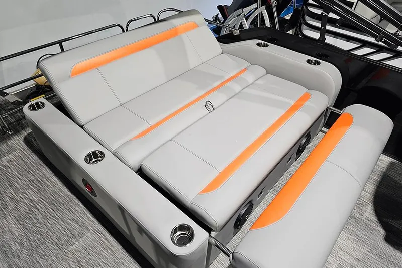 Slide: The Image of 2026 Bentley Pontoons Legacy 243 Swingback with sleek seating and vibrant orange accents. - 11