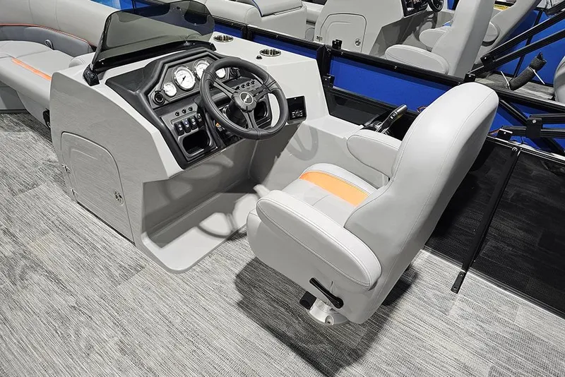 Slide: The Image of 2026 Bentley Pontoons Legacy 243 Swingback interior with modern helm and comfortable seating. - 15