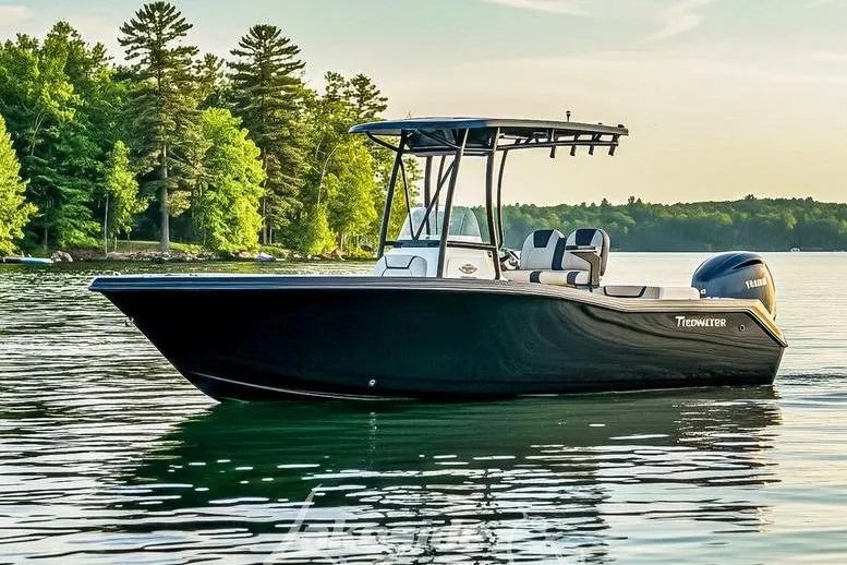 The Image of 2026 Tidewater 210 CC Adventure boat on a serene lake with lush green trees. - 0