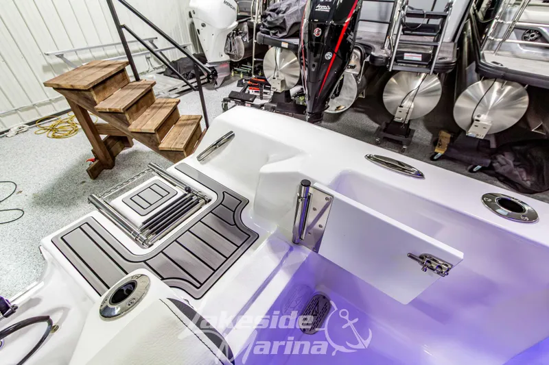 Slide: The Image of 2026 Tidewater 210 CC Adventure boat interior with swim platform and ladder in marina setting. - 16