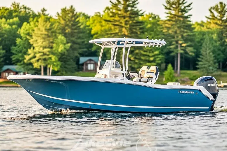 The Image of 2026 Tidewater 220 LXF boat on a serene lake with lush green forest backdrop. - 0