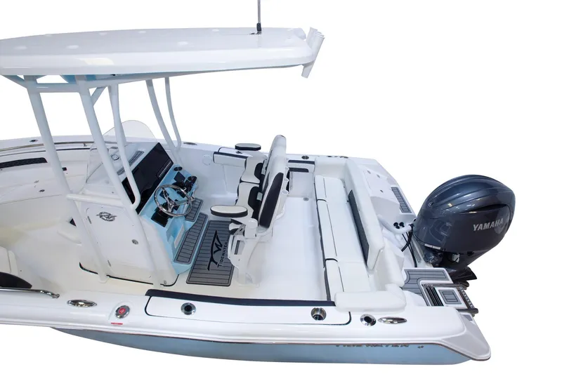 Slide: The Image of 2026 Tidewater 220 LXF boat interior with Yamaha engine, featuring sleek design and modern amenities. - 11