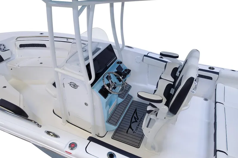 Slide: The Image of 2026 Tidewater 220 LXF boat interior with modern helm and seating. - 12