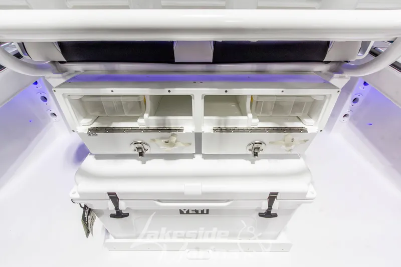 Slide: The Image of 2026 Tidewater 220 LXF boat interior with storage compartments and YETI cooler. - 19