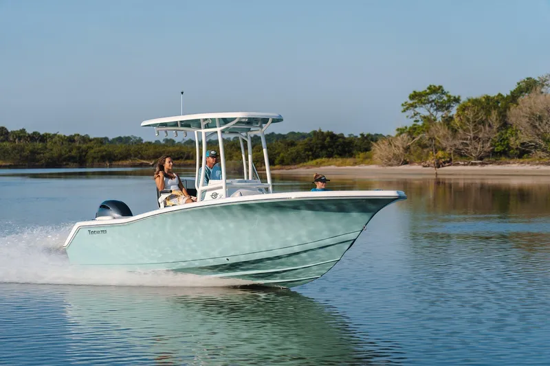 Slide: The Image of 2026 Tidewater 220 LXF boat cruising on calm water with passengers onboard. - 9