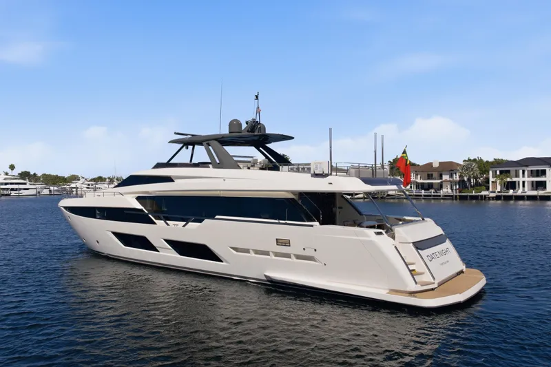 Slide: The Image of Luxury Ferretti Yachts 920 (2018) bow view with sunbathing area on water. - 5