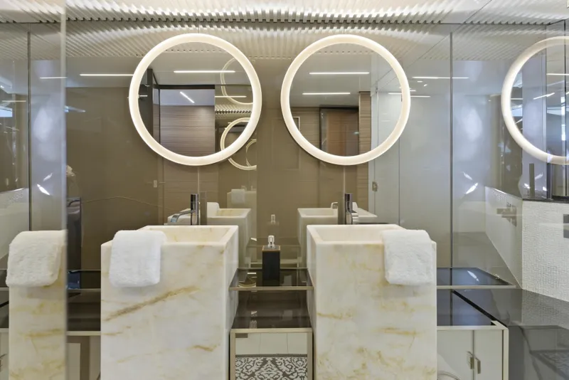 Slide: The Image of Luxurious bathroom on 2018 Ferretti Yachts 920 with modern fixtures and elegant design. - 50