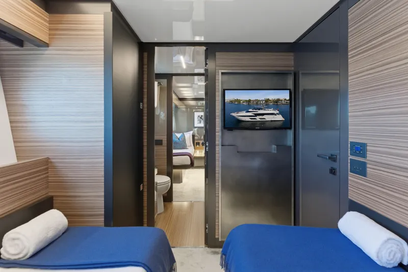 Slide: The Image of Luxurious bathroom and bedroom interior of 2018 Ferretti Yachts 920, featuring modern design elements. - 66