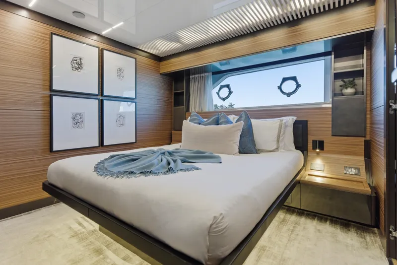Slide: The Image of Luxurious Ferretti Yachts 920 interior, 2018 model, featuring elegant bedroom design and modern decor. - 70