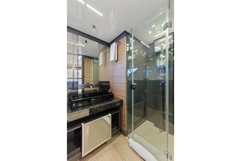 Slide: The Image of Luxurious bathroom interior of 2018 Ferretti Yachts 920 with modern fixtures and elegant design. - 73