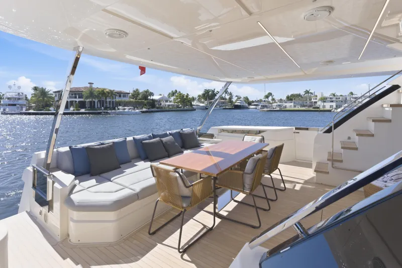 Slide: The Image of Luxurious 2018 Ferretti Yachts 920 deck with elegant seating and scenic waterfront view. - 22