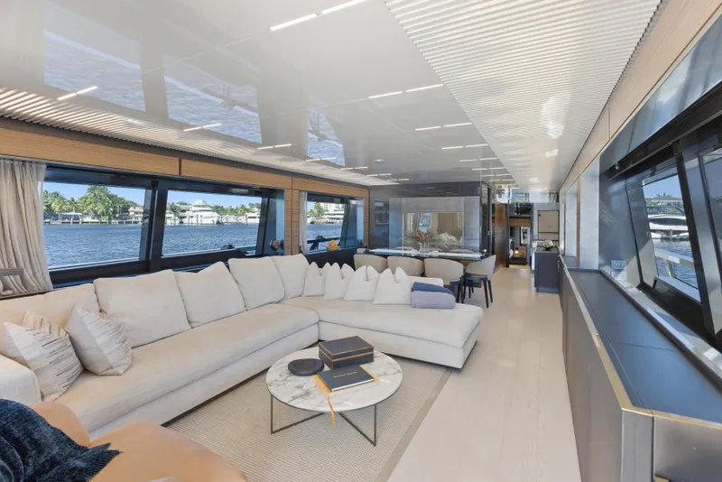 Slide: The Image of Luxurious interior of 2018 Ferretti Yachts 920 with elegant seating and scenic views. - 27