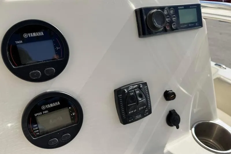Slide: The Image of Dashboard of 2023 Key West 203 FS boat with Yamaha gauges and controls. - 26
