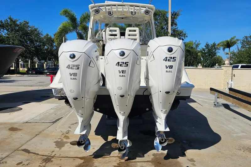 Slide: The Image of 2008 Hydra-Sports Vector 3500 VX with triple Yamaha 425 V8 outboard engines. - 12