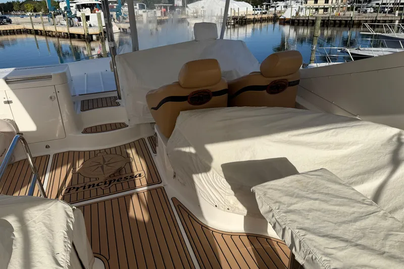 Slide: The Image of 2006 Neptunus 56 Flybridge yacht interior with covered seating and wood flooring. - 13