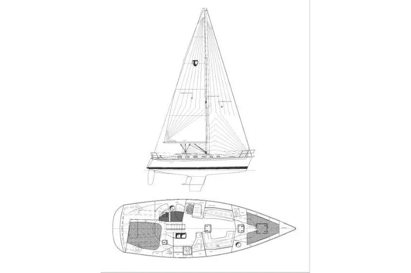 Slide: The Image of Blueprint of 2001 Tartan 3700 sailboat, showcasing side and top views. - 35