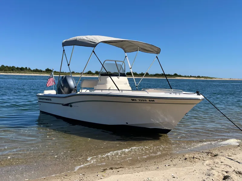 The Image of 2010 Grady-White Sportsman 180 boat anchored on a sandy shore with clear blue water. - 0