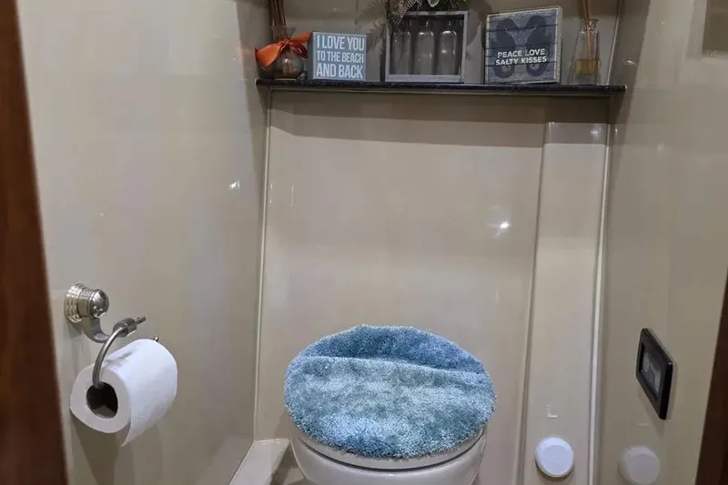 Slide: The Image of Bathroom interior of 2005 Cruisers Yachts 440 Express with decor and blue toilet cover. - 16