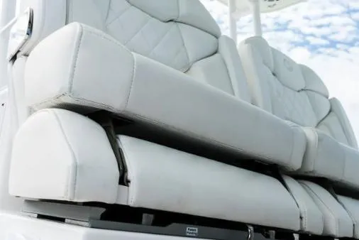 Slide: The Image of Interior view of 2023 Edgewater 340CC boat cockpit with modern design elements. - 7
