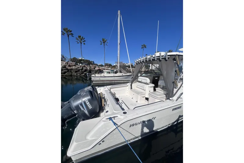 Slide: The Image of 2006 Wellcraft 290 Coastal boat docked, featuring Yamaha outboard motor, clear blue sky. - 21