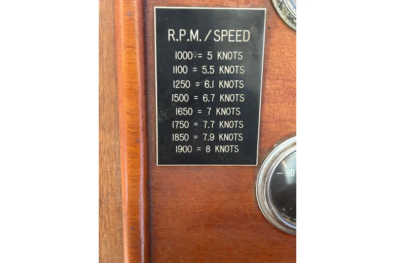 Slide: The Image of 1973 Grand Banks 32 Sedan RPM to speed conversion chart on wooden dashboard. - 37