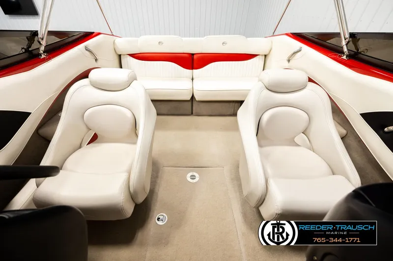 Slide: The Image of Interior of 2005 Crownline 225 LPX boat with white and red seating. - 18