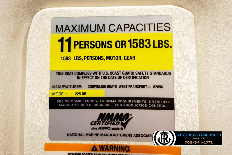 Slide: The Image of 2005 Crownline 225 LPX capacity label, maximum 11 persons or 1583 lbs, NMMA certified. - 49