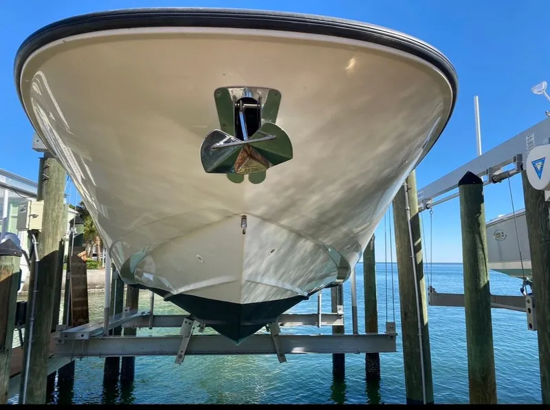 Slide: The Image of Boston Whaler 270 Dauntless 2015 on boat lift above water. - 21