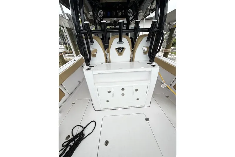 Slide: The Image of 2025 Sportsman Open 352 Center Console interior with seating and storage compartments. - 15