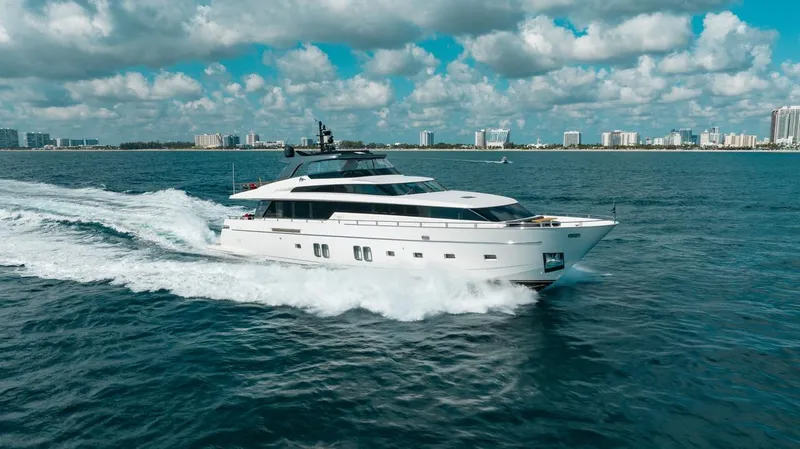 The Image of Sanlorenzo SL106 yacht cruising on open water, 2018 model, under a partly cloudy sky. - 0