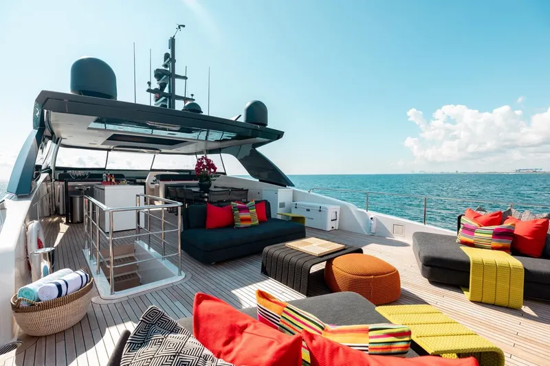 Slide: The Image of Luxurious 2018 Sanlorenzo SL106 yacht deck with colorful seating and ocean view. - 17