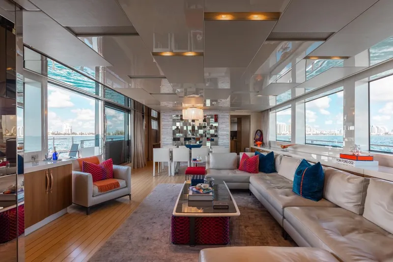 Slide: The Image of Luxurious interior of 2018 Sanlorenzo SL106 yacht with modern decor and panoramic windows. - 24