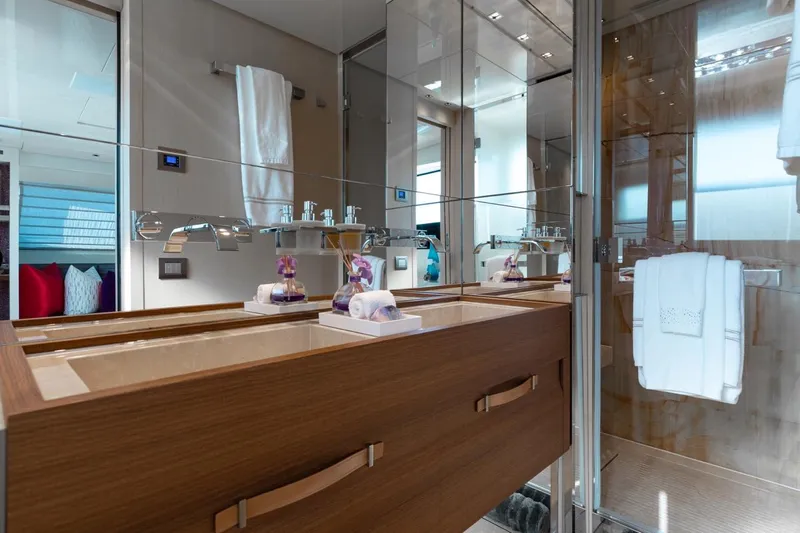 Slide: The Image of Luxurious bathroom in 2018 Sanlorenzo SL106 yacht with modern fixtures and elegant design. - 31