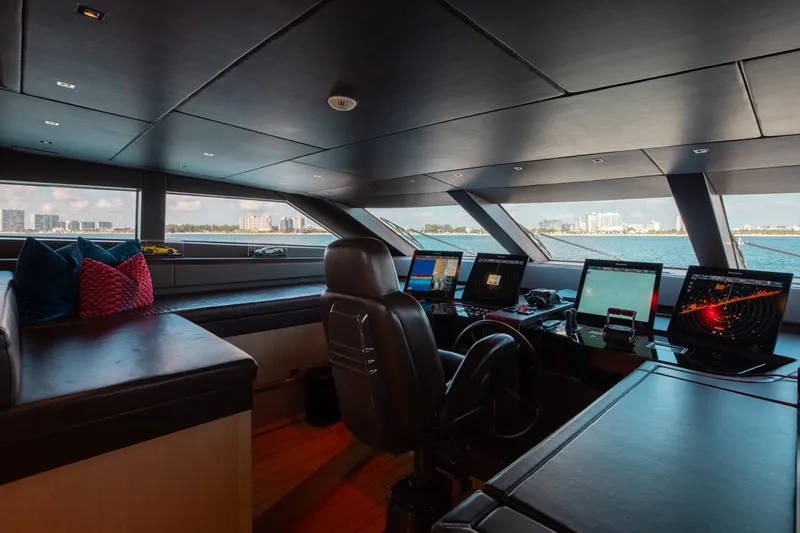 Slide: The Image of Interior view of 2018 Sanlorenzo SL106 yacht cockpit with navigation equipment. - 37