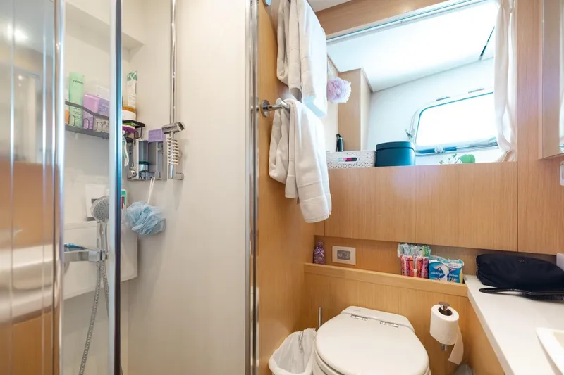 Slide: The Image of Bathroom interior of 2018 Sanlorenzo SL106 yacht, featuring modern amenities and sleek design. - 41