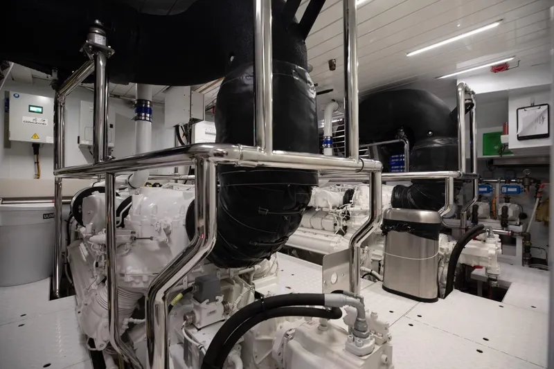 Slide: The Image of Engine room of 2018 Sanlorenzo SL106 yacht, featuring advanced machinery and sleek design. - 46