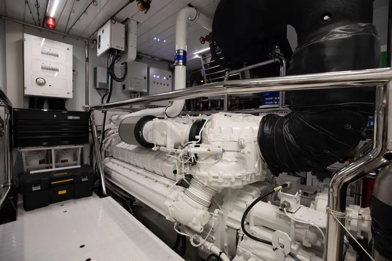 Slide: The Image of Engine room of 2018 Sanlorenzo SL106 yacht, featuring advanced machinery and equipment. - 48