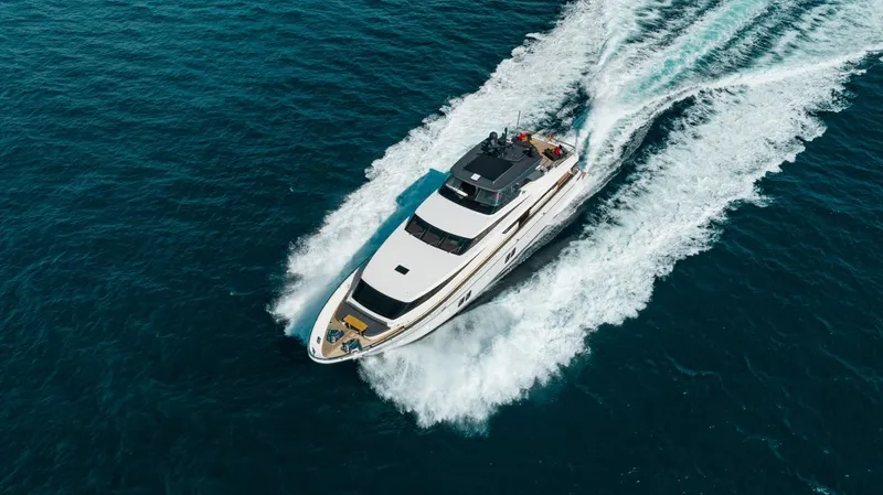 Slide: The Image of Sanlorenzo SL106 yacht cruising on open sea, 2018 model, aerial view. - 7