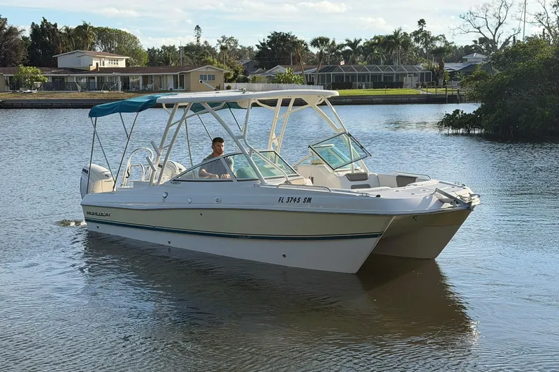 The Image of 2020 World Cat 230 SD boat cruising on a calm lake with scenic background. - 0