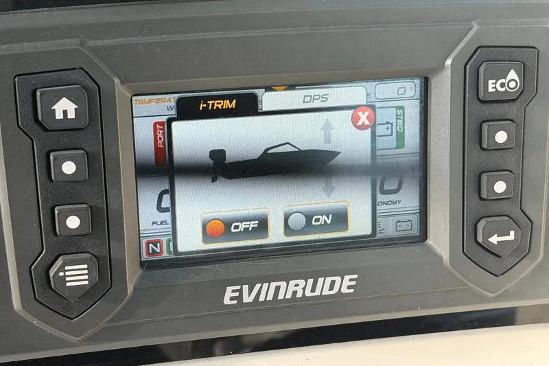 Slide: The Image of Evinrude boat control panel displaying i-Trim settings on a World Cat 230 SD, 2020 model. - 18